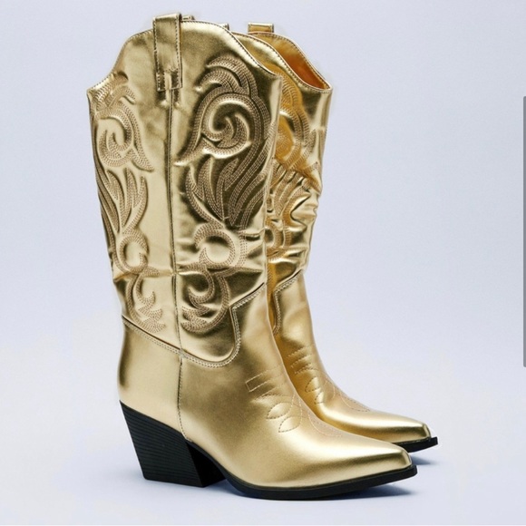 NASTY GAL - METALLIC FAUX LEATHER KNEE HIGH COWBOY BOOTS - Picture 2 of 7